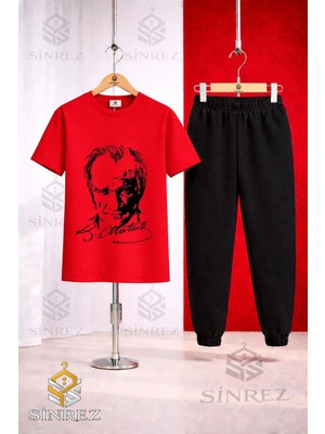 Çocuk Ataturk Imzalı Sıyah Baskılı Tişort Eşofman Takımı