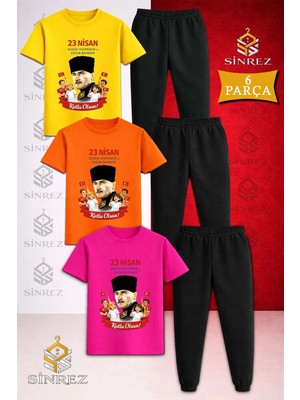 Çocuk Ata Portre Cocuklar 23 Nısan Baskılı 3lü Tişort Eşofman Takımı