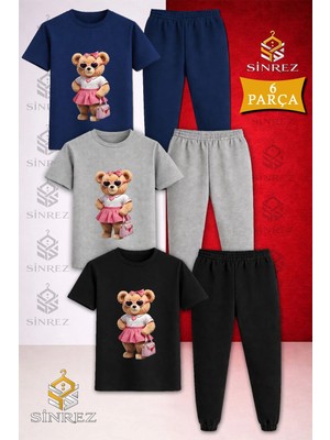 Çocuk Ayıcık Pembe Etek Canta Baskılı 3lü Tişort Eşofman Takımı