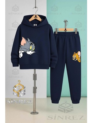 Çocuk Unısex Tom ve Jerry Kafalar Yanda Kapşonlu Eşofman Takımı