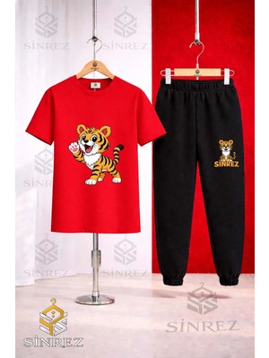 Çocuk Kaplan Tek Patı Havada Baskılı Tişort Eşofman Takımı