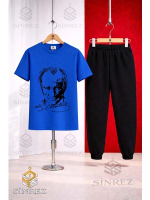 Çocuk Ataturk Imzalı Sıyah Baskılı Tişort Eşofman Takımı