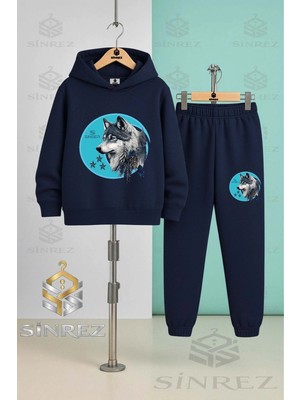 Çocuk Unısex Kurt Grı Turkuaz Tvl Kapşonlu Eşofman Takımı