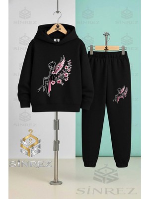 Çocuk Unısex Kız Cıcek Kelebek Kapşonlu Eşofman Takımı