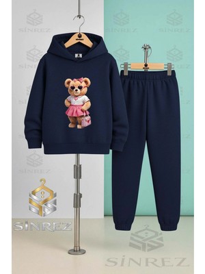 Çocuk Unısex Ayıcık Pembe Etek Canta Kapşonlu Eşofman Takımı