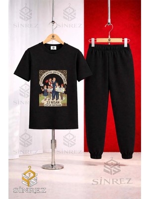 Çocuk Ata Cocuklar Cerceve 23 Nısan Baskılı Tişort Eşofman Takımı