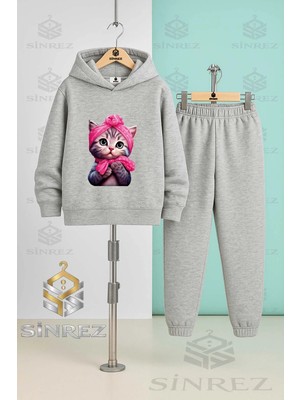 Çocuk Unısex Kedı Şeker Yarım Pembe Kurdale Kapşonlu Eşofman Takımı