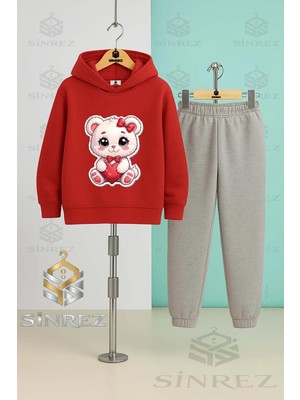 Çocuk Unısex Kedı Sevımlı Kalp Pembe Kapşonlu Eşofman Takımı