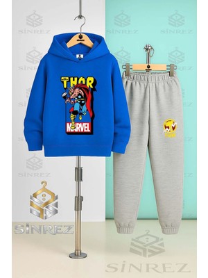 Çocuk Unısex Thor Karede Yazılı Kapşonlu Eşofman Takımı