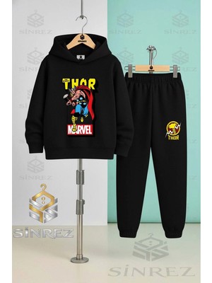Çocuk Unısex Thor Karede Yazılı Kapşonlu Eşofman Takımı