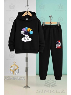 Çocuk Unısex Astronot Bulut Elınde Gezegenler Kapşonlu Eşofman Takımı