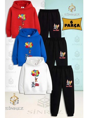 Çocuk Unısex Tom ve Jerry Balonlu 3lu Kapşonlu Eşofman Takımı