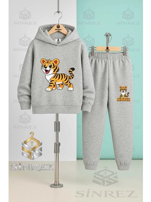 Çocuk Unısex Kaplan Ayakta Baskılı Kapşonlu Eşofman Takımı