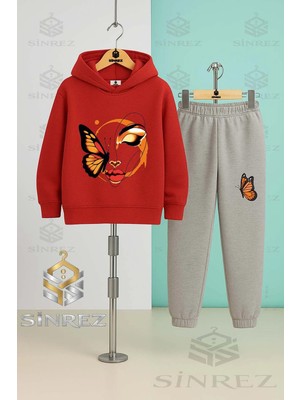Çocuk Unısex Kelebek Gırl On Face Kapşonlu Eşofman Takımı