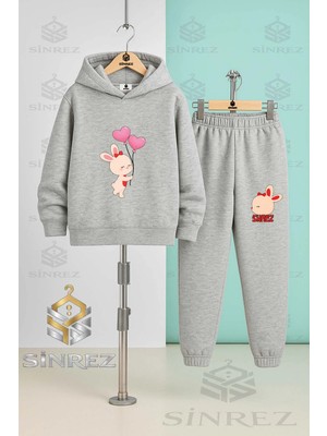 Çocuk Unısex Tavsan Kalp Balon Onde Baskılı Kapşonlu Eşofman Takımı