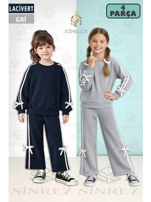 Kız Çocuk 2li Fiyonk Detaylı Kurdeleli Sıfır Yaka Eşofman Takımı