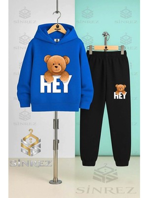 Çocuk Unısex Ayıcık Hey Yazısı Ustunde Kapşonlu Eşofman Takımı