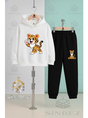 Çocuk Unısex Kaplan Tek Patı Havada Baskılı Kapşonlu Eşofman Takımı