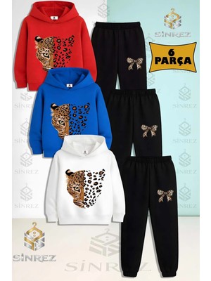 Çocuk Unısex Leopar Unısex Kafa Buyuk 3'lü Kapşonlu Eşofman Takımı