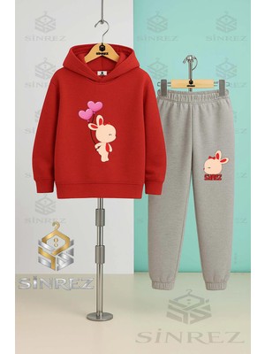 Çocuk Unısex Tavsan Kalp Balon Arkada Baskılı Kapşonlu Eşofman Takımı