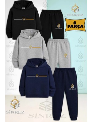 3'lü Takım Çocuk Unısex Logo Yan Tek Cızgı Baskılı Kapşonlu Eşofman Takımı