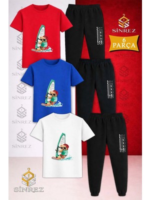 Çocuk Ayıcık Surf Denız Baskılı 3lü Tişort Eşofman Takımı