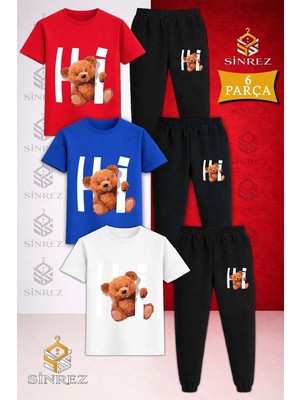 Çocuk Hı Ayıcık Yazı Icınde Baskılı 3lü Tişort Eşofman Takımı