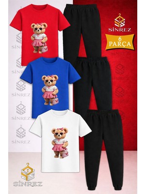 Çocuk Ayıcık Pembe Etek Canta Baskılı 3lü Tişort Eşofman Takımı