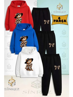 3'lü Çocuk Unısex Ayıcık Leopar Kurklu Baskılı Kapşonlu Eşofman Takımı
