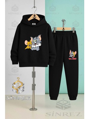 Çocuk Unısex Tom ve Jerry Eller Cenede Kapşonlu Eşofman Takımı