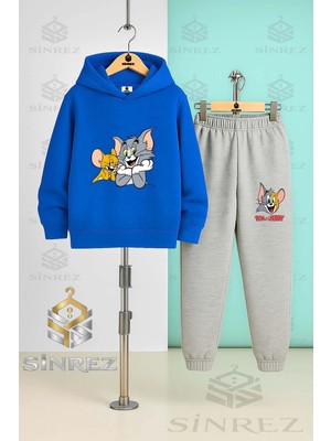 Çocuk Unısex Tom ve Jerry Eller Cenede Kapşonlu Eşofman Takımı