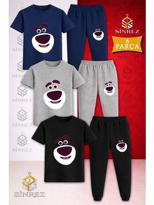 Çocuk Ayıcık Gulen Yuz Baskılı 3lü Tişort Eşofman Takımı