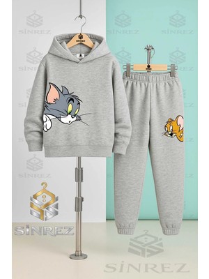 Çocuk Unısex Tom ve Jerry Kafalar Yanda Kapşonlu Eşofman Takımı