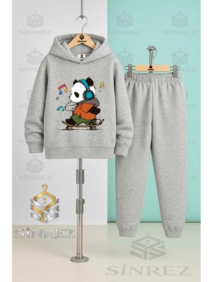 Çocuk Unısex Panda Kaykay Renklı Nota Kapşonlu Eşofman Takımı