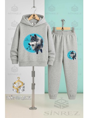 Çocuk Unısex Kurt Grı Turkuaz Tvl Kapşonlu Eşofman Takımı