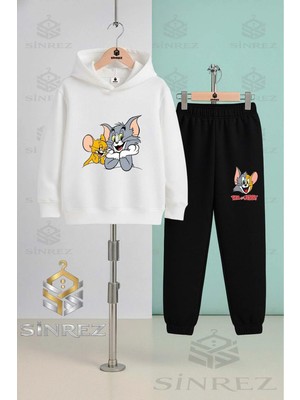 Çocuk Unısex Tom ve Jerry Eller Cenede Kapşonlu Eşofman Takımı