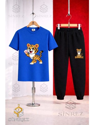 Çocuk Kaplan Tek Patı Havada Baskılı Tişort Eşofman Takımı