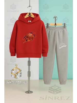 Çocuk Unısex Alevlı Basket Topu Kapşonlu Eşofman Takımı