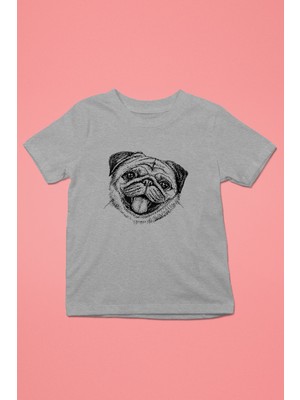 Darkhane Gülen Pug - Baskılı Unisex Gri Melanj Çocuk Tişört - T-Shirt CT006