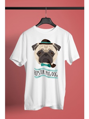 Darkhane Hipster Pug - Baskılı Unisex Beyaz Tişört - T-Shirt UT007