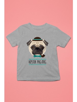 Darkhane Hipster Pug - Baskılı Unisex Gri Melanj Çocuk Tişört - T-Shirt CT006