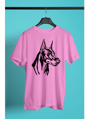 Darkhane Doberman Silüeti - Baskılı Unisex Pembe Tişört - T-Shirt UT002