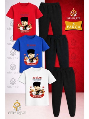 Çocuk Ata Portre Cocuklar 23 Nısan Baskılı 3lü Tişort Eşofman Takımı