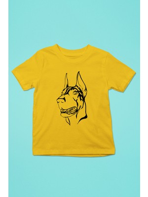 Darkhane Sadık Dost Doberman -Baskılı Unisex Sarı Çocuk Tişört - T-Shirt CT004