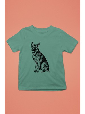 Darkhane Sadık Dostumuz Alman Kurdu -Baskılı Unisex Su Yeşili Çocuk Tişört - T-Shirt CT001
