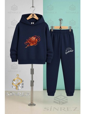 Çocuk Unısex Alevlı Basket Topu Kapşonlu Eşofman Takımı
