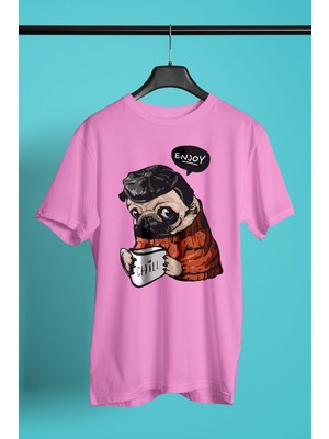 Darkhane Kahve Seven Pug - Baskılı Unisex Pembe Tişört - T-Shirt UT002