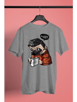 Darkhane Kahve Seven Pug - Baskılı Unisex Gri Tişört - T-Shirt UT006