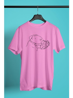 Darkhane Koruma Ağızlıklı Pitbull - Baskılı Unisex Pembe Tişört - T-Shirt UT002