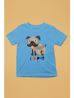 Darkhane Palabıyıklı Pug - Baskılı Unisex Turkuaz Çocuk Tişört - T-Shirt CT003